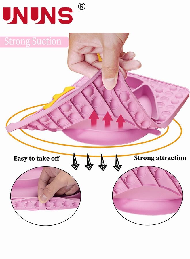 UNUNS 3-Piece Silicone Toddler Plates Set,Dinosaur Shape Dinner Plates For Baby With Stainless Steel Spoon And Fork,Bottom Suction Cup,Dividing Plate With Compressible Finger Blister,Pink  - Image 3