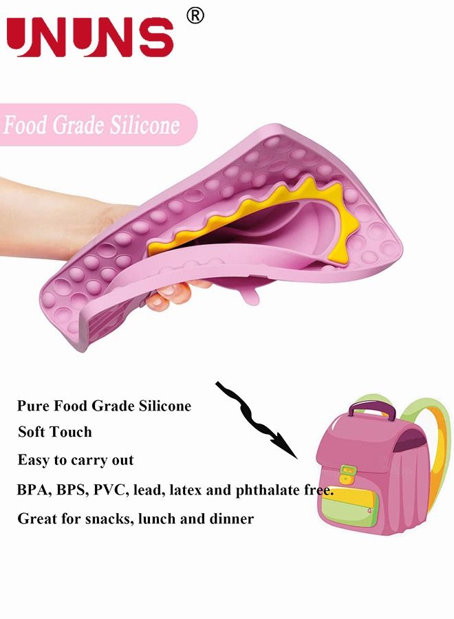 UNUNS 3-Piece Silicone Toddler Plates Set,Dinosaur Shape Dinner Plates For Baby With Stainless Steel Spoon And Fork,Bottom Suction Cup,Dividing Plate With Compressible Finger Blister,Pink  - Image 4