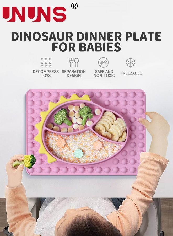 UNUNS 3-Piece Silicone Toddler Plates Set,Dinosaur Shape Dinner Plates For Baby With Stainless Steel Spoon And Fork,Bottom Suction Cup,Dividing Plate With Compressible Finger Blister,Pink  - Image 2