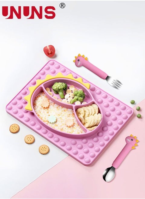 3-Piece Silicone Toddler Plates Set,Dinosaur Shape Dinner Plates For Baby With Stainless Steel Spoon And Fork,Bottom Suction Cup,Dividing Plate With Compressible Finger Blister,Pink