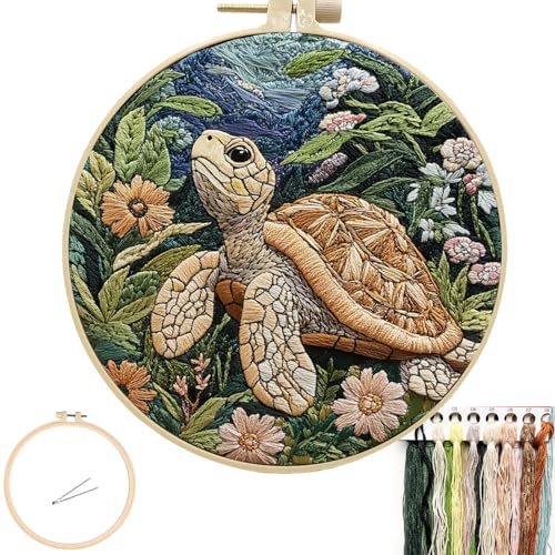 FONNUY Sea Turtle Floral Embroidery Kit Cross Stitch Kits for Beginners Handmade Crafts with Printed Patterns for Adults Easy to Follow Color Thread Needlework 8 Hoop Ocean Journeyer - Image 1
