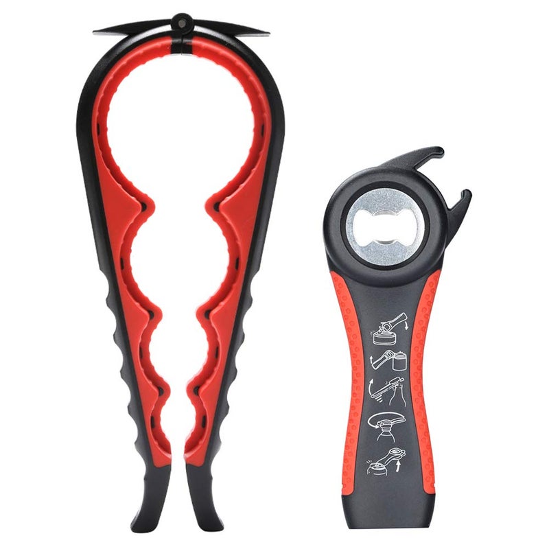 Otstar Latest Jar Opener 5 in 1 Multi Function Bottle Opener Ring Pull Can Opener Kit for Weak Hands Elderly Arthritis Sufferers Black and Red