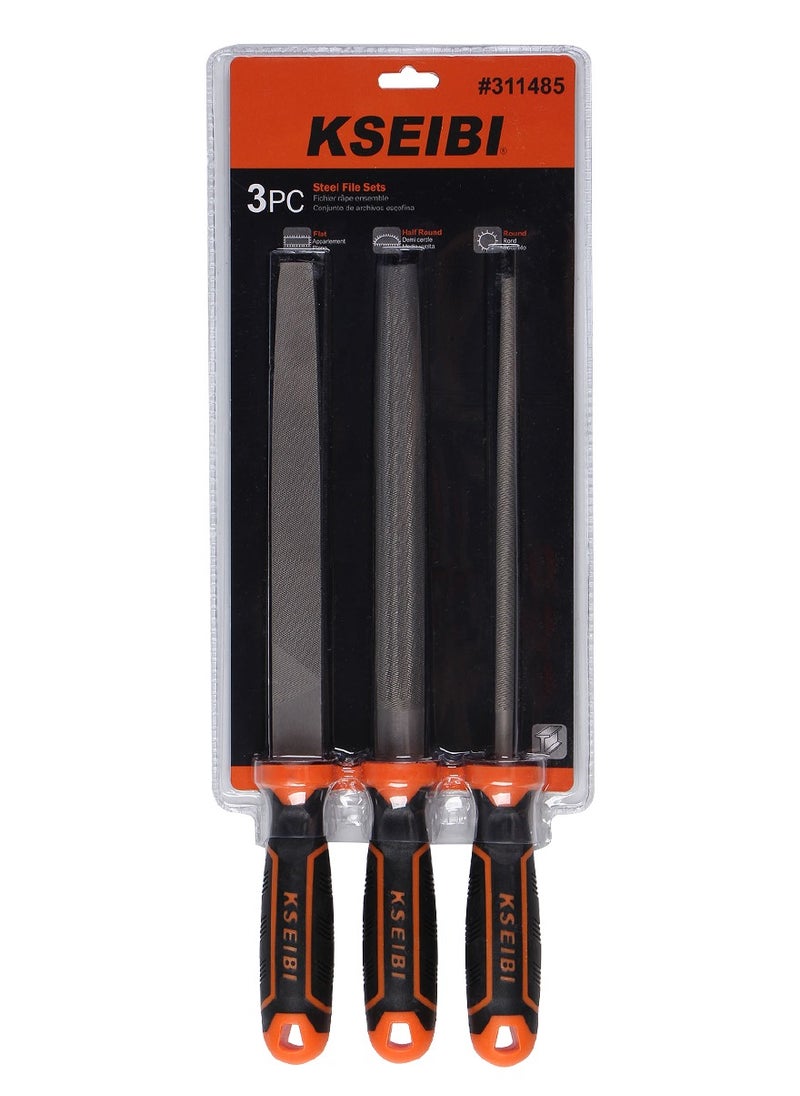 KSEIBI - 3Pc Steel File Set, High Carbon Steel Blade With Soft-Grip Rubber Handle,8Inch Includes Square Flat Metal File, Half Round File, Round Files, Ideal For Wood And Metal Applications, - Image 1