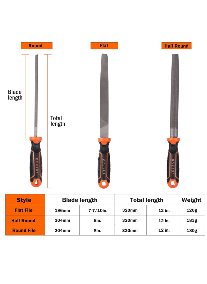 KSEIBI - 3Pc Steel File Set, High Carbon Steel Blade With Soft-Grip Rubber Handle,8Inch Includes Square Flat Metal File, Half Round File, Round Files, Ideal For Wood And Metal Applications, - Image 1