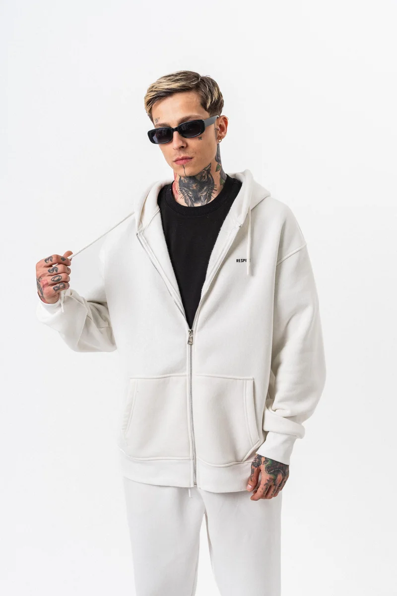 RESPIRE Men's Respire Letter Detail Basic Zip Hooded Oversize Hoodie Ecru