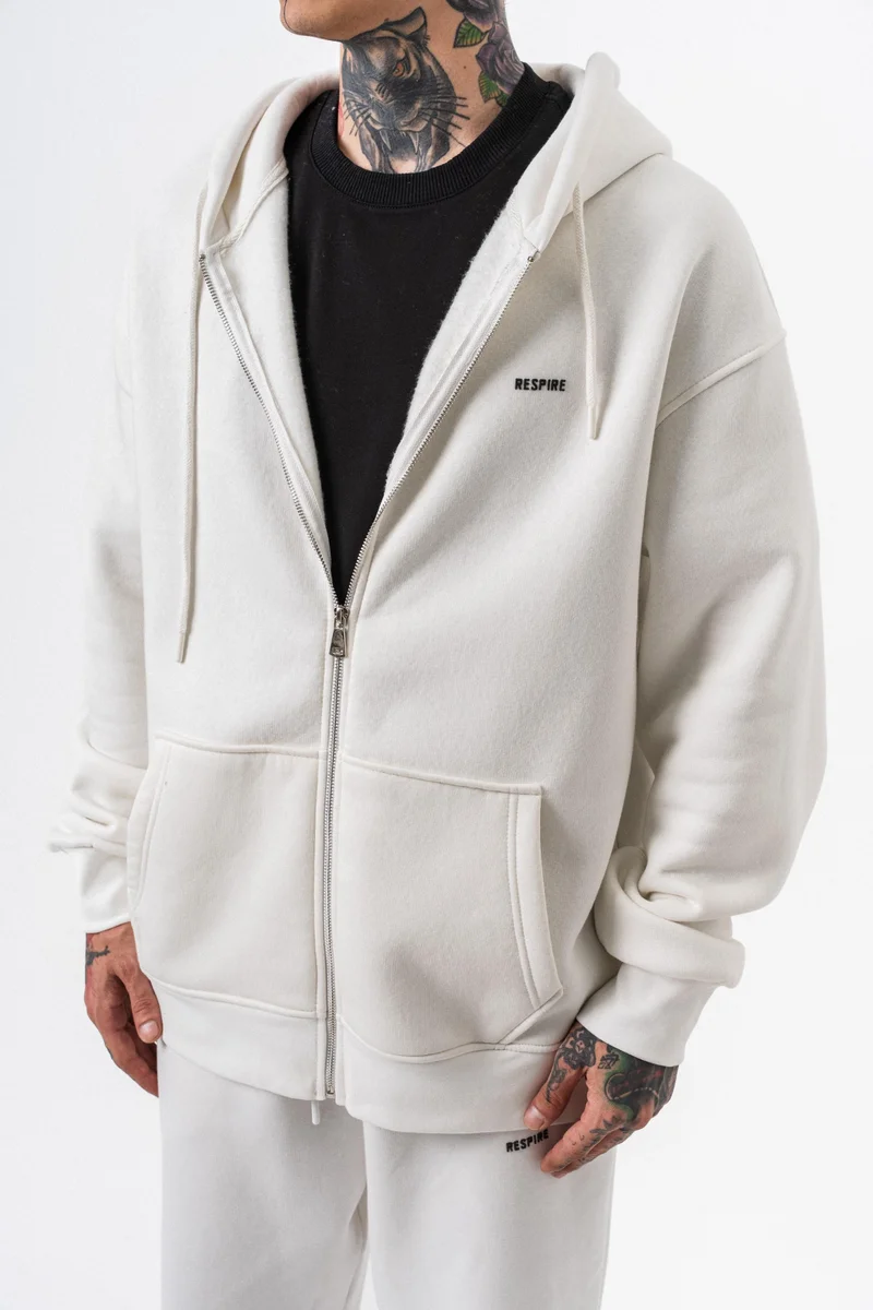 RESPIRE Men's Respire Letter Detail Basic Zip Hooded Oversize Hoodie Ecru