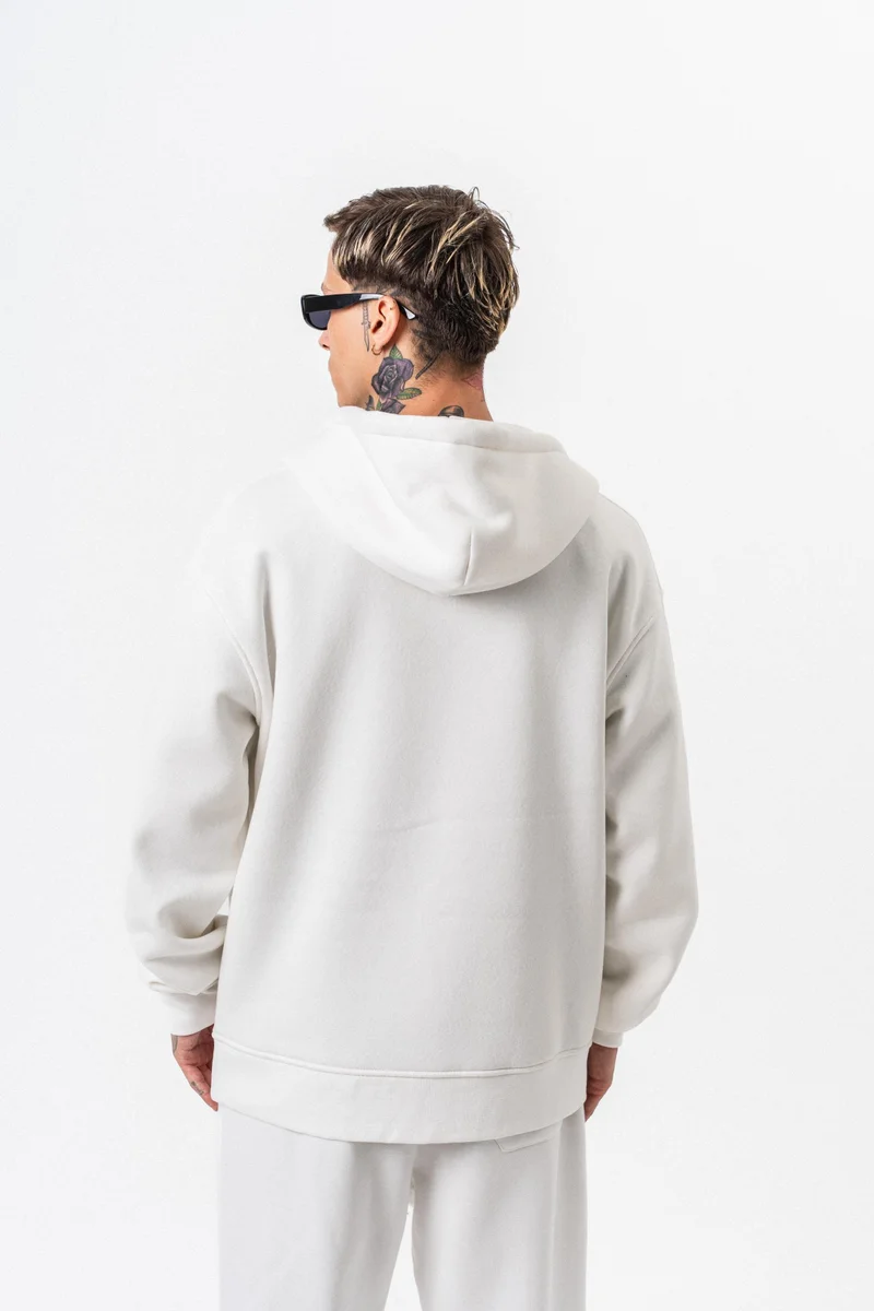 RESPIRE Men's Respire Letter Detail Basic Zip Hooded Oversize Hoodie Ecru