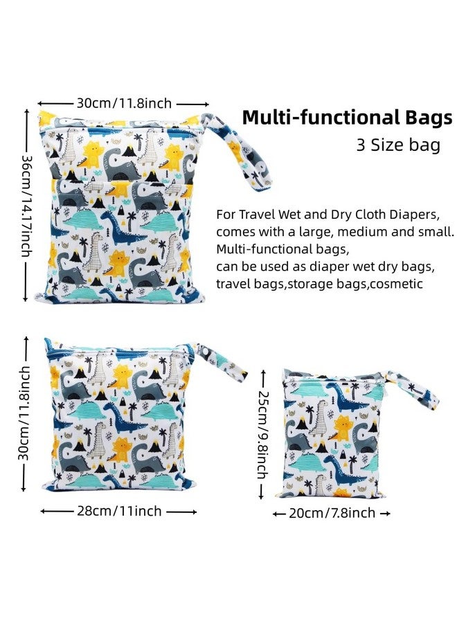 أسينابي حقيبة حفاضات قماشية من Asenappy، 3 قطع، مقاومة للماء وقابلة لإعادة الاستخدام، مع جيبين بسحاب، مناسبة للسفر والشاطئ وحمام السباحة ورعاية الأطفال ومستلزمات اليوجا والجيم، مناسبة لملابس السباحة أو الملابس المبللة (بتصميم ديناصور) - Image 1