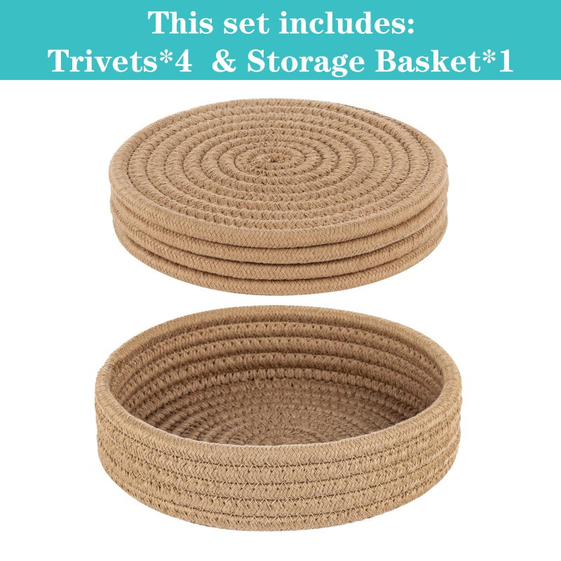 Cazzon Trivets For Hot Dishes  Pots And Pans  Hot Pads With Storage Basket  Pot Holders For Kitchen  Heat Resistant Mat Protect Counter Home Essentials  Farmhouse Decor (Khaki 4 Pcs) - Image 2