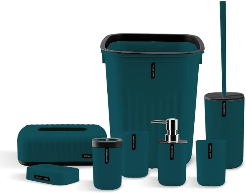 HOME CUBE 8Pcs Bathroom Accessories Set, Soap Dish, Soap Dispenser, Toothbrush Holder, 2 Mouth Wash Cup, Tissue Box, Dustbin, Toilet Brush Holder, Complete Bath Organiser Set for Bathroom (Dark Green) - Image 1