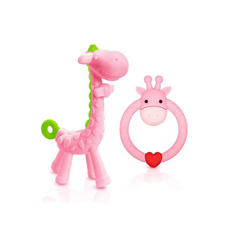 SOLARAE BPA Free 2 Silicone Giraffe Teether Toy with Storage Case, for 3 Months Above Infant Sore Gums Pain Relief and Shower, Set of 2 Different Teething Toys - Image 1