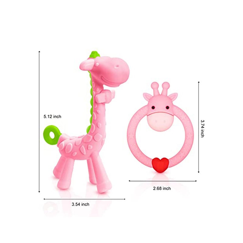 SOLARAE BPA Free 2 Silicone Giraffe Teether Toy with Storage Case, for 3 Months Above Infant Sore Gums Pain Relief and Shower, Set of 2 Different Teething Toys - Image 2