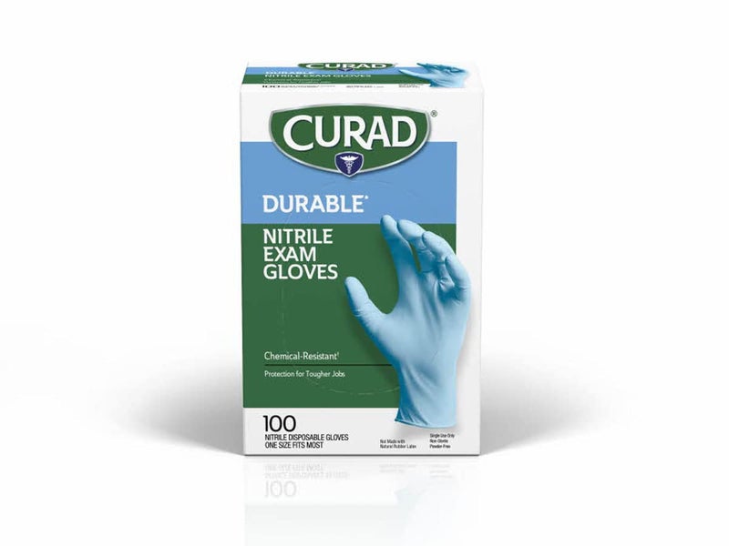 Curad Nitrile Exam Gloves, Durable, Powder Free, Chemical Resistant, One Size Fits Most, 100 Count - Image 1