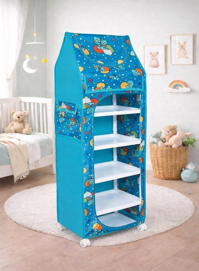 Bagnizer Baby Wardrobe Plastic Kids Storage Rack with Fabric Cover & Wheels | 6-Tier Plastic Shelves Organizer | Toy, Book & Clothes Storage Cabinet for Kids Room (Firozi) - Image 2