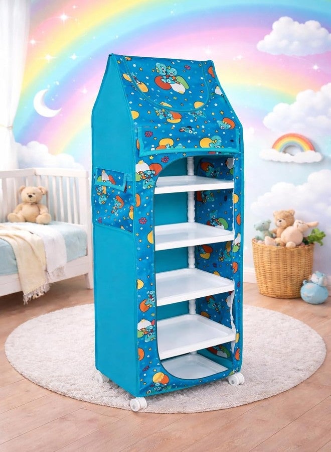 Bagnizer Baby Wardrobe Plastic Kids Storage Rack with Fabric Cover & Wheels | 6-Tier Plastic Shelves Organizer | Toy, Book & Clothes Storage Cabinet for Kids Room (Firozi) - Image 1