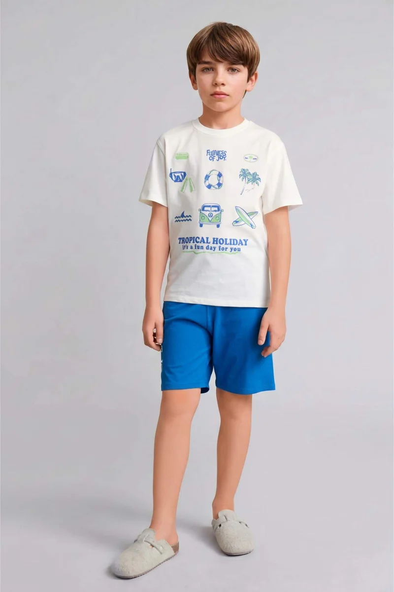 Defacto Boy 100% Cotton Printed Top Shorts 2 Piece Pyjama Set