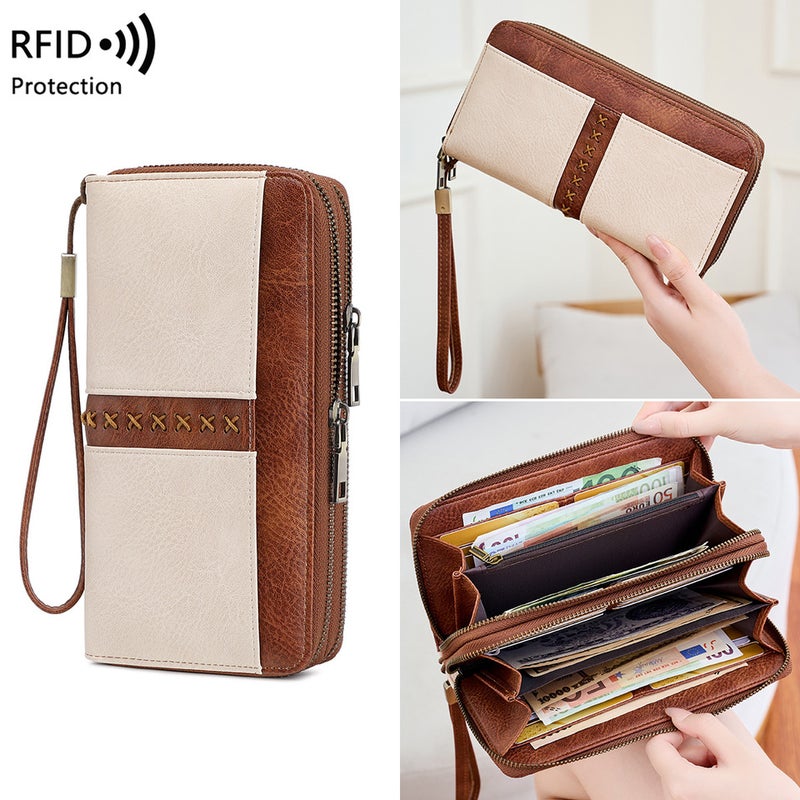 Multifunctional Solid Color PU Leather Wallet, RFID Blocking Design Portable Daily Storage Purse for Cards Cash Coin Business Use - Image 1