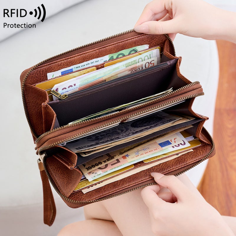 Multifunctional Solid Color PU Leather Wallet, RFID Blocking Design Portable Daily Storage Purse for Cards Cash Coin Business Use - Image 3