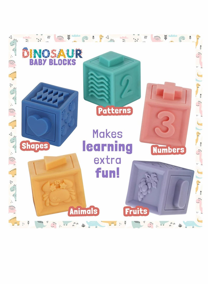SYOSI Baby Soft Blocks, Stacking Building Blocks, Teething & Squeezing Dinosaur Toys for Babies, Montessori Blocks with Numbers Animals Fruits, Soft Baby Toy for Baby Infants Toddlers Age 6 to 12 Months Up - Image 4