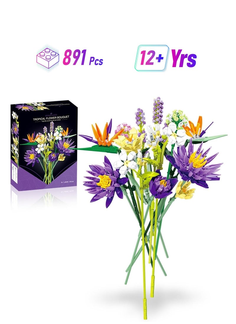 KASTWAVE Tropical Flower Bouquet Building Set, 891Pcs Botanical Collection Flowers Brick Kit, Compatible with Lego Flower Bouquet, Home Decor and Flowers Toy Gifts for Girls and Adults  - Image 1