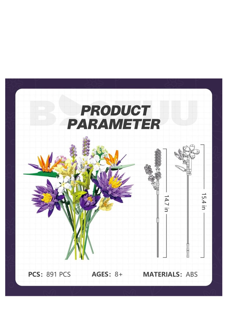 KASTWAVE Tropical Flower Bouquet Building Set, 891Pcs Botanical Collection Flowers Brick Kit, Compatible with Lego Flower Bouquet, Home Decor and Flowers Toy Gifts for Girls and Adults  - Image 5
