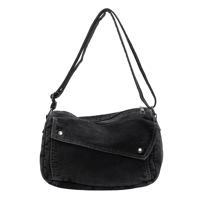 Vintage Simple Crossbody Bag Womens 2024 New Simple Denim Shoulder Bag Niche High-end Solid Color Tote Bag Black - Image 1