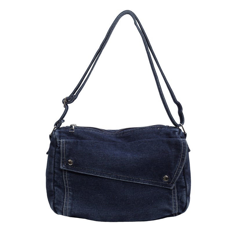 Vintage Simple Crossbody Bag Womens 2024 New Simple Denim Shoulder Bag Niche High-end Solid Color Tote Bag Black - Image 2