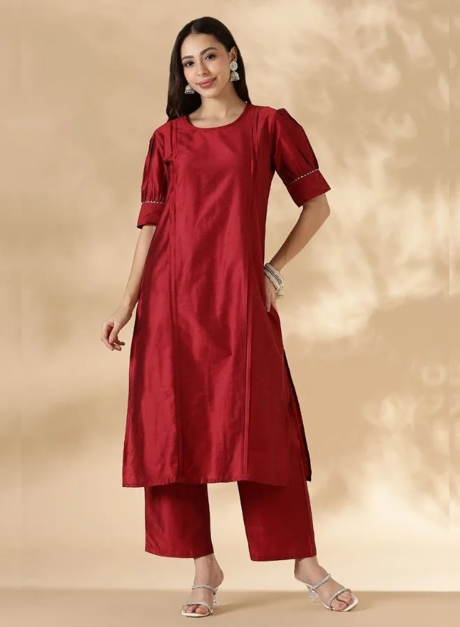 أبهشتي Red Solid Round Neck Kurta Pant Set With Short Puff Sleeves