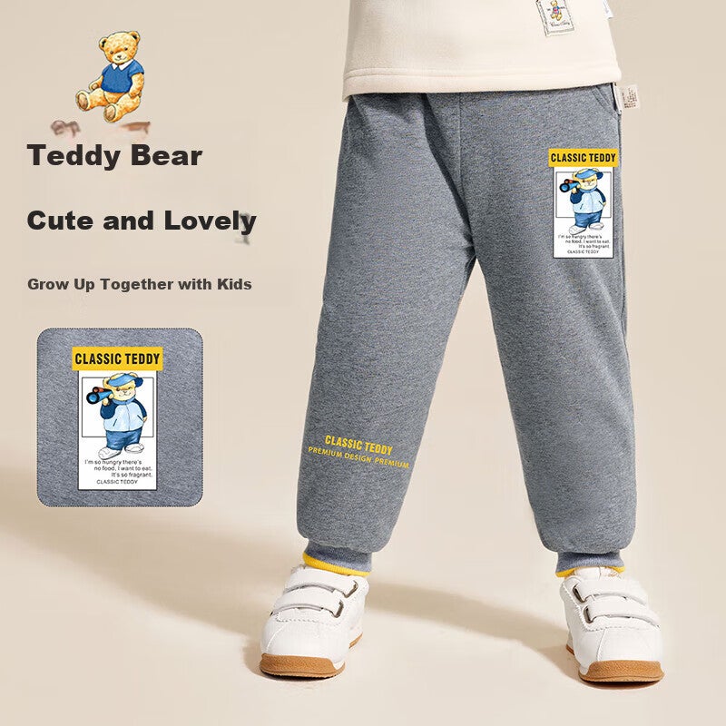 Classic Teddy Children's Pants Boys' Warm Trousers for Young Kids Three-Layer Fleece-Lined Thickened Casual Pants Floral Gray 90 - Image 1