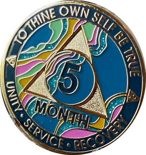 RecoveryChip 5 Month AA Medallion Elegant Marble Tahiti Teal Blue Pink and Aqua Glitter Gold Plated Sobriety Chip - Image 1