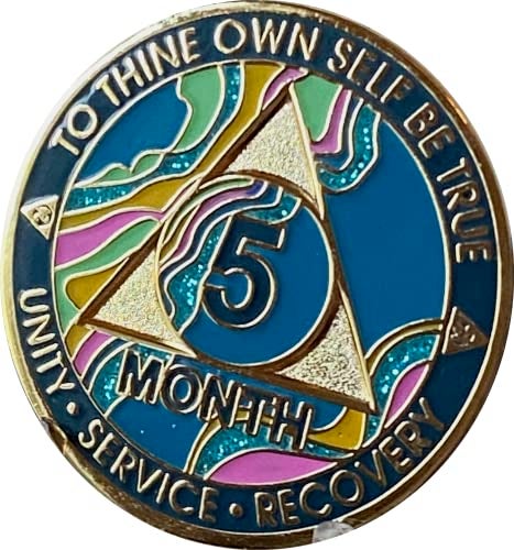 RecoveryChip 5 Month AA Medallion Elegant Marble Tahiti Teal Blue Pink and Aqua Glitter Gold Plated Sobriety Chip - Image 3
