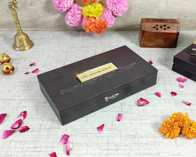 GoldGiftIdeas 24K Gold Plated Shree Ganesha Photo Frame with Charan Paduka Box for Pooja Room (Dagadu Seth), Return Gifts for Diwali, Ganpati Wooden Momento Gift, Good Luck Gift - Image 4