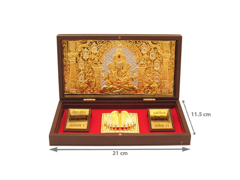 GoldGiftIdeas 24K Gold Plated Shree Ganesha Photo Frame with Charan Paduka Box for Pooja Room (Dagadu Seth), Return Gifts for Diwali, Ganpati Wooden Momento Gift, Good Luck Gift - Image 3