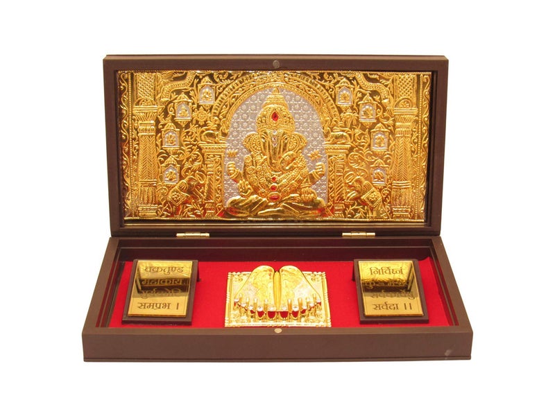 GoldGiftIdeas 24K Gold Plated Shree Ganesha Photo Frame with Charan Paduka Box for Pooja Room (Dagadu Seth), Return Gifts for Diwali, Ganpati Wooden Momento Gift, Good Luck Gift - Image 1