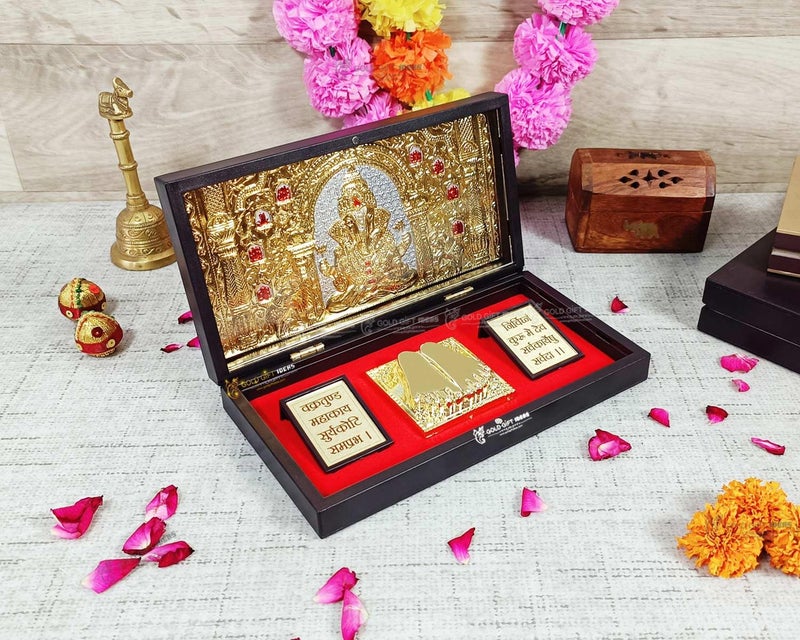 GoldGiftIdeas 24K Gold Plated Shree Ganesha Photo Frame with Charan Paduka Box for Pooja Room (Dagadu Seth), Return Gifts for Diwali, Ganpati Wooden Momento Gift, Good Luck Gift - Image 2