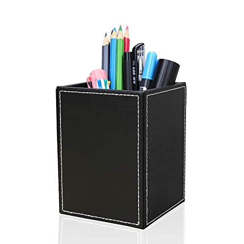 KINGFOM PU Leather Square Pens Pencils Holder Cup Desktop Stationery Organizer Case Office Accessories Container Box (black) - Image 4