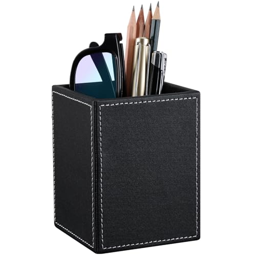 KINGFOM PU Leather Square Pens Pencils Holder Cup Desktop Stationery Organizer Case Office Accessories Container Box (black) - Image 1
