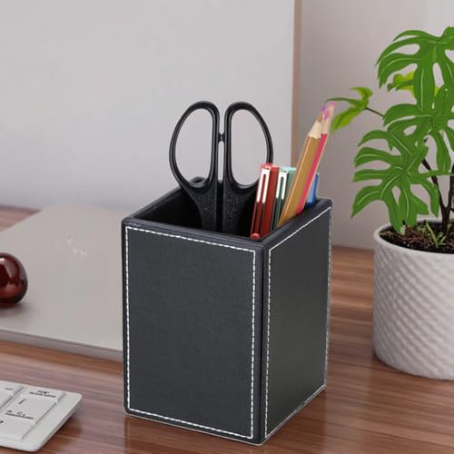 KINGFOM PU Leather Square Pens Pencils Holder Cup Desktop Stationery Organizer Case Office Accessories Container Box (black) - Image 2