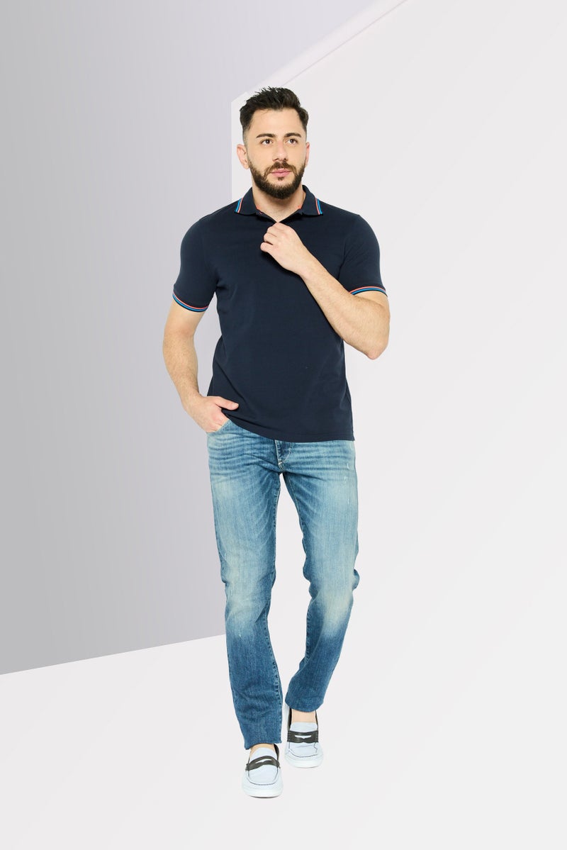 Sundek Men Regular Fit Plain Short Sleeve Polo Shirt, Navy - Image 3