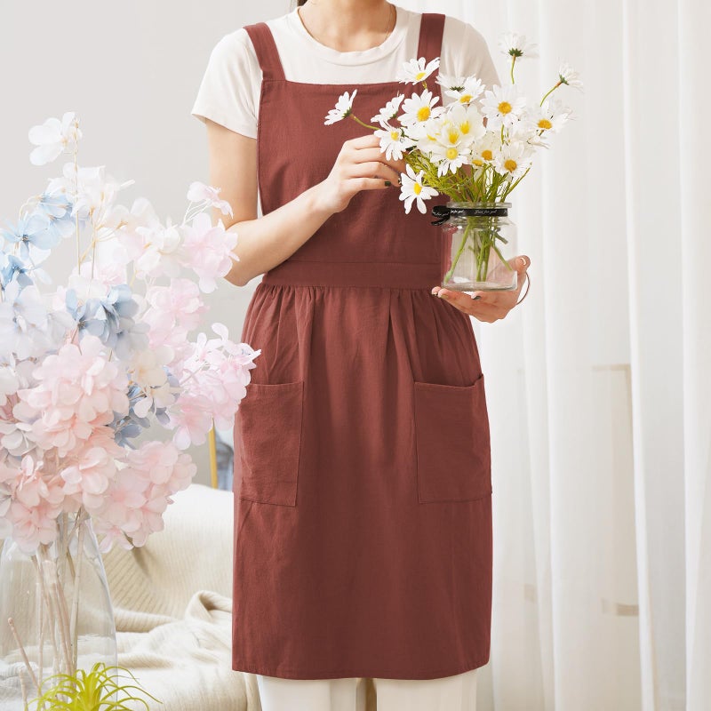 Pinknoke Cotton Linen Pinafore Apron Dress for Women with Pockets Cute Art Chef Aprons for Kitchen Baking Gardening Painting (Burnt orange) - Image 3
