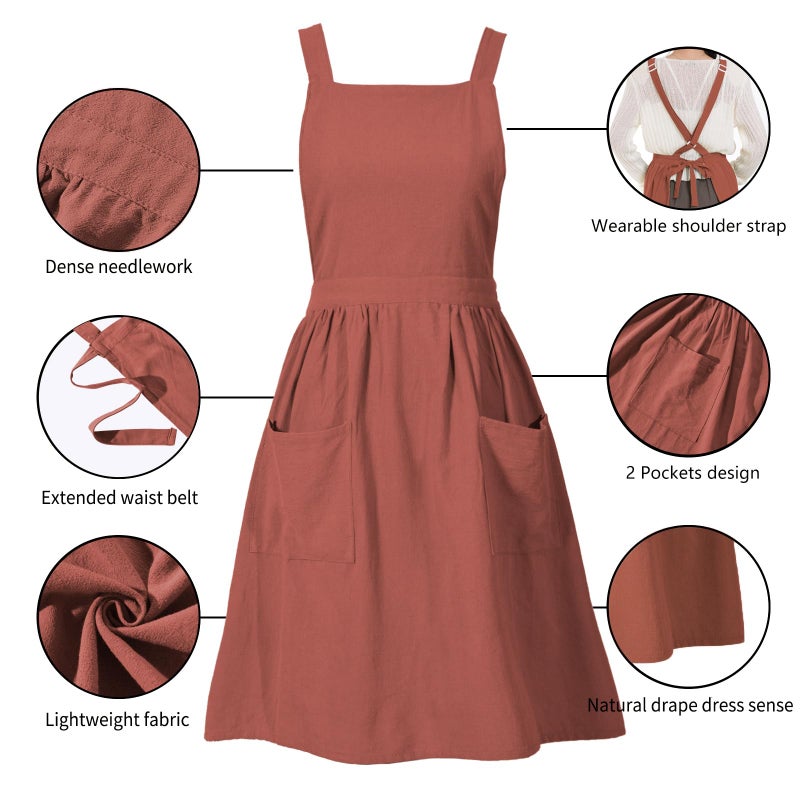 Pinknoke Cotton Linen Pinafore Apron Dress for Women with Pockets Cute Art Chef Aprons for Kitchen Baking Gardening Painting (Burnt orange) - Image 5