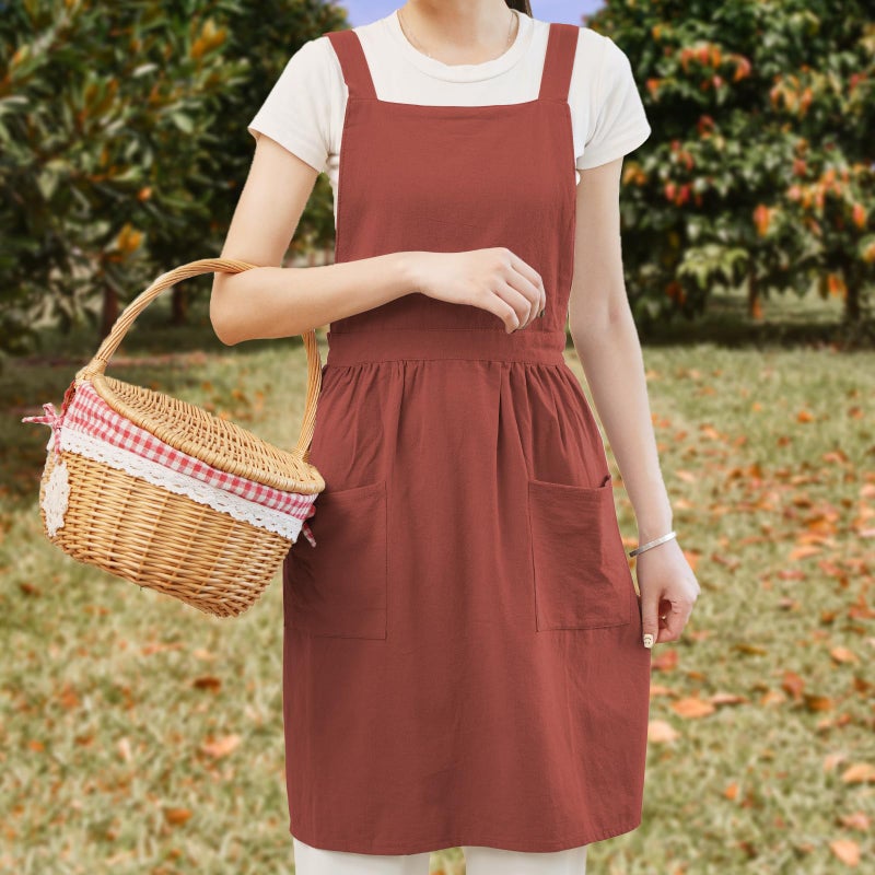 Pinknoke Cotton Linen Pinafore Apron Dress for Women with Pockets Cute Art Chef Aprons for Kitchen Baking Gardening Painting (Burnt orange) - Image 2