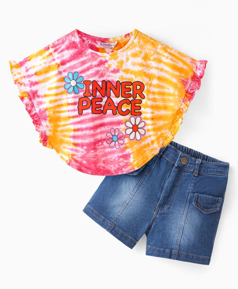 Ollington St. Ollington St. 100% Cotton Drop Shoulder Sleeves Tie and Dyed Top with Floral Print and Denim Shorts - Multicolour and Blue