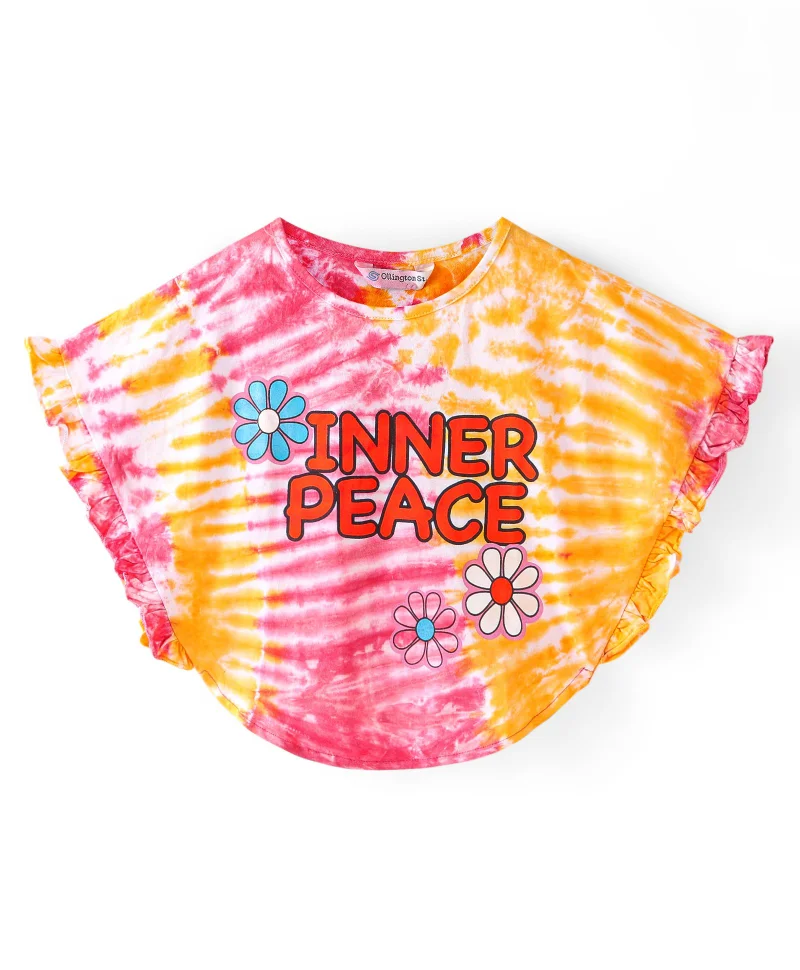 Ollington St. Ollington St. 100% Cotton Drop Shoulder Sleeves Tie and Dyed Top with Floral Print and Denim Shorts - Multicolour and Blue