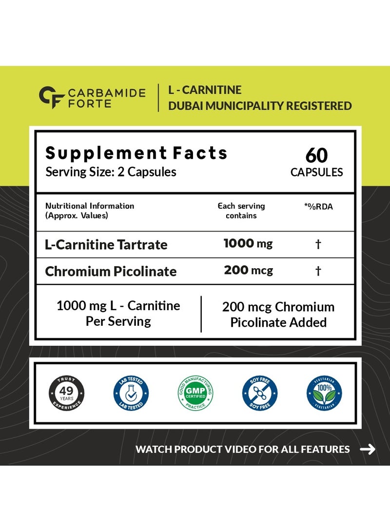 CARBAMIDE FORTE L Carnitine Supplement 1000Mg Capsules- 60 Veg Capsules - Image 2