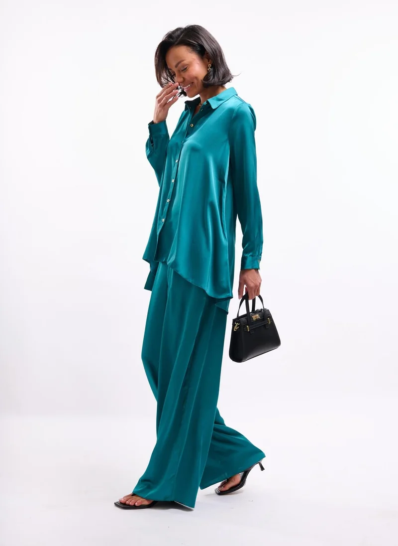 Faia  Teal Satin Blouse with Hi Lo Hem for Women | Best Price UAE