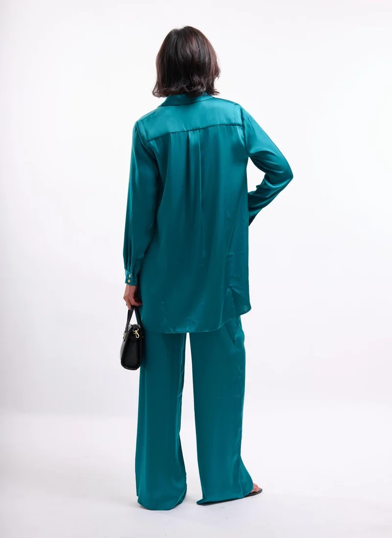 Faia  Teal Satin Blouse with Hi Lo Hem for Women | Best Price UAE