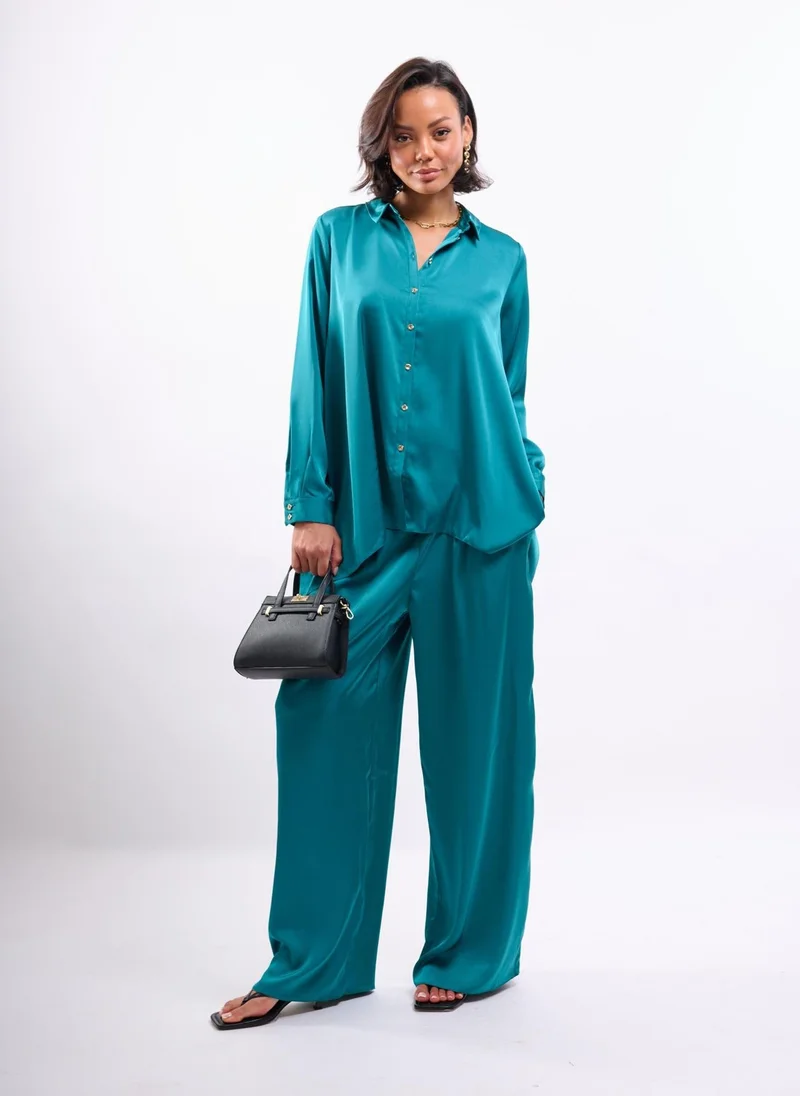 Faia  Teal Satin Blouse with Hi Lo Hem for Women | Best Price UAE