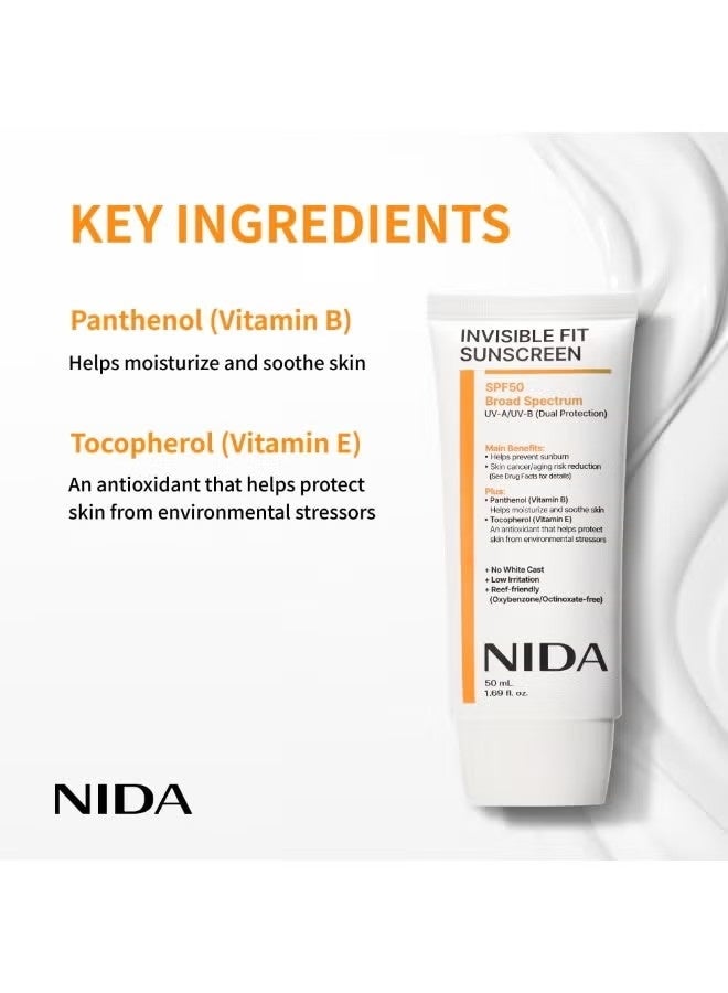 NIDA Invisible Fit Sunscreen SPF 50 Broad Spectrum UV-A/UV-B Protection | No White Cast, Low Irritation, Hydrating Lotion-like Lightweight Glow Sunscreen for All Skin Types | 1.69 fl. oz., 50ml - Image 2