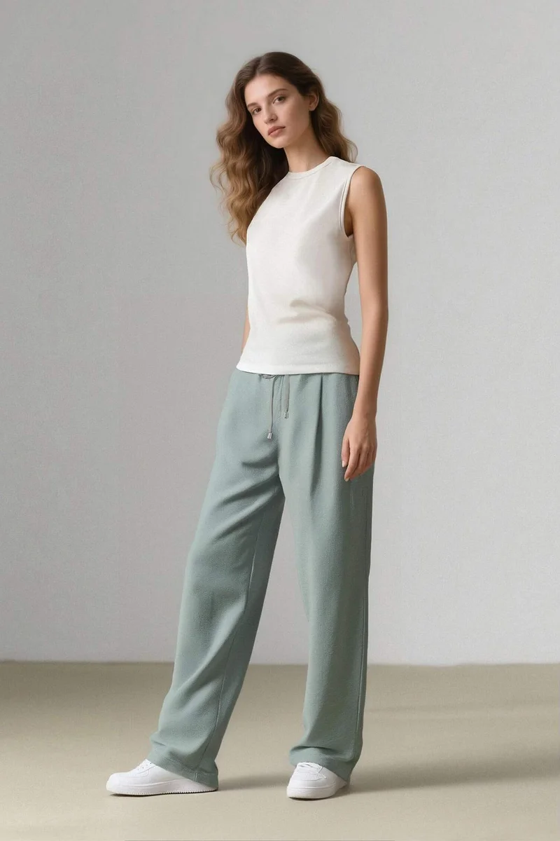 ديفاكتو Linen Look Pocketed High Waist Straight Leg Joggers